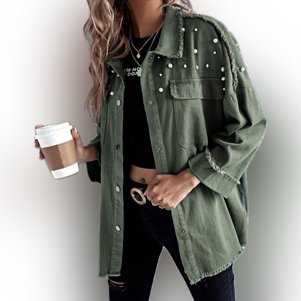 NWOT - La La Factory | army green | raw edges | accent faux pearls | Size Small - Picture 7 of 7